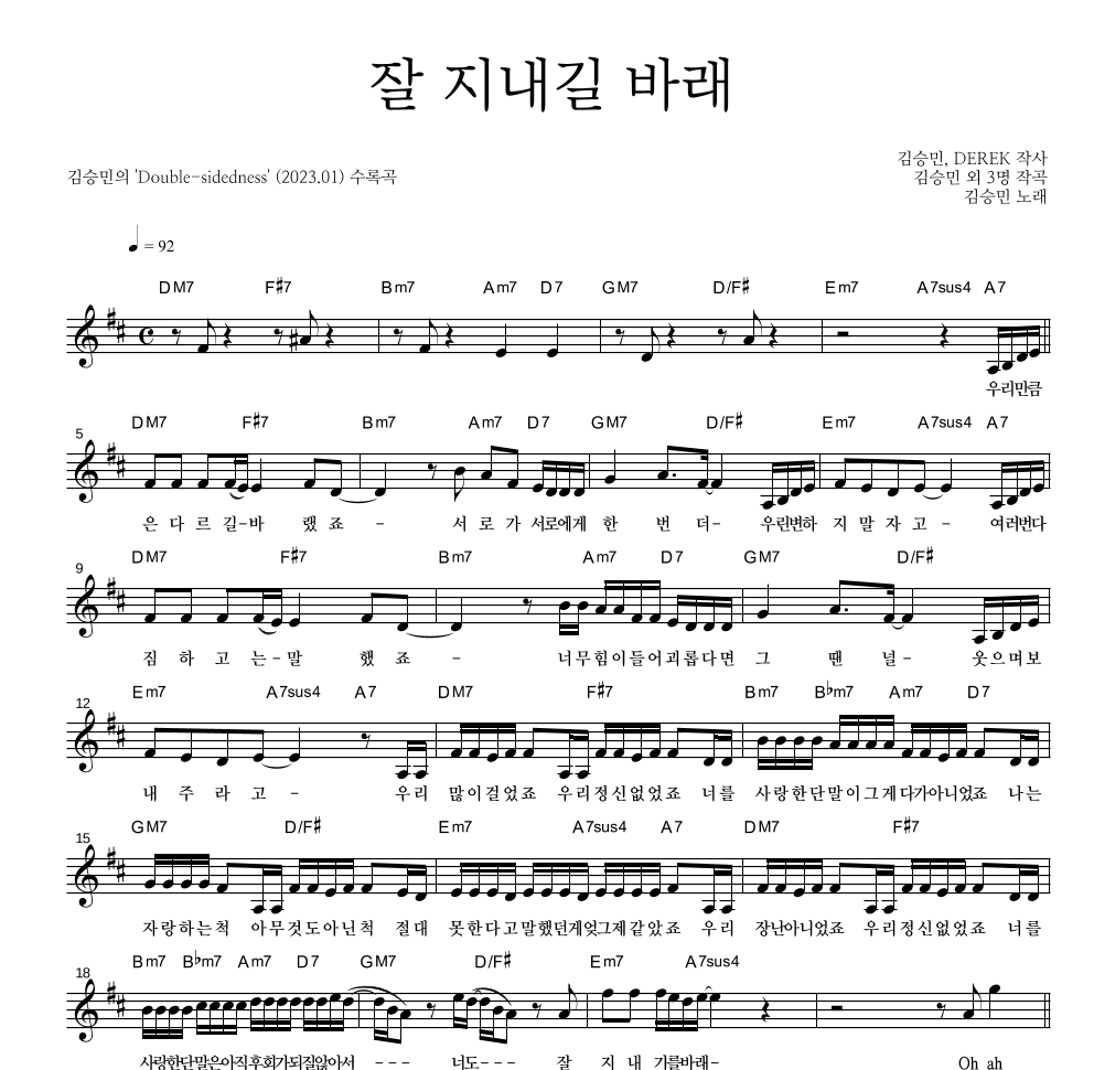 김승민 - 잘 지내길 바래 멜로디 악보 