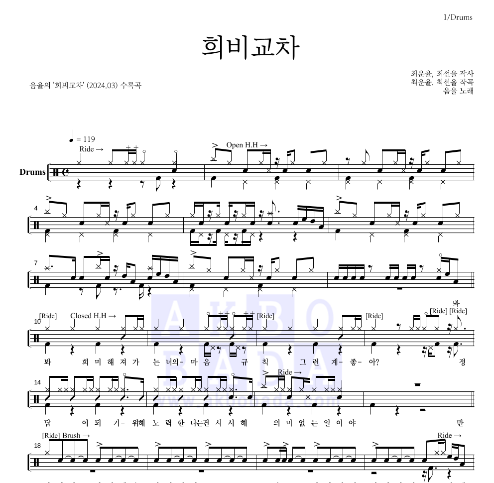 음율 - 희비교차 드럼(Tab) 악보 