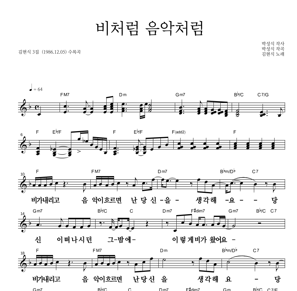 김현식 - 비처럼 음악처럼 멜로디 큰가사 악보 