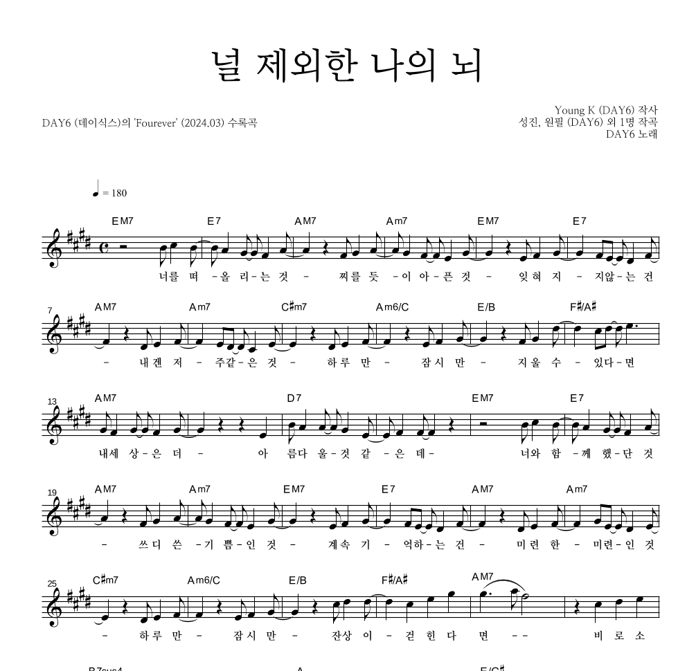 DAY6 - 널 제외한 나의 뇌 멜로디 악보 