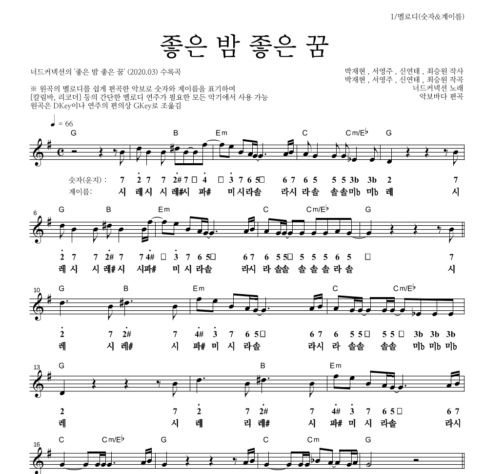 너드커넥션 - 좋은 밤 좋은 꿈 멜로디-숫자&계이름 악보 