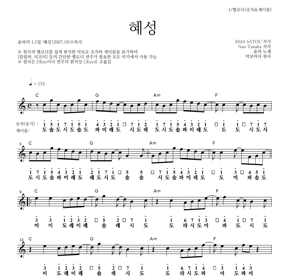 윤하 - 혜성 멜로디-숫자&계이름 악보 