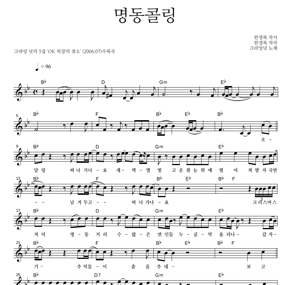 크라잉넛 - 명동콜링 멜로디 악보 
