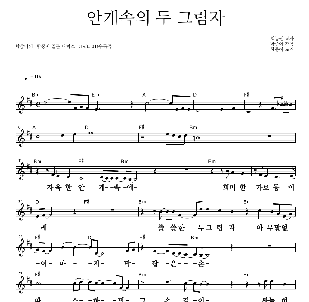 함중아 - 안개속의 두 그림자 멜로디 큰가사 악보 