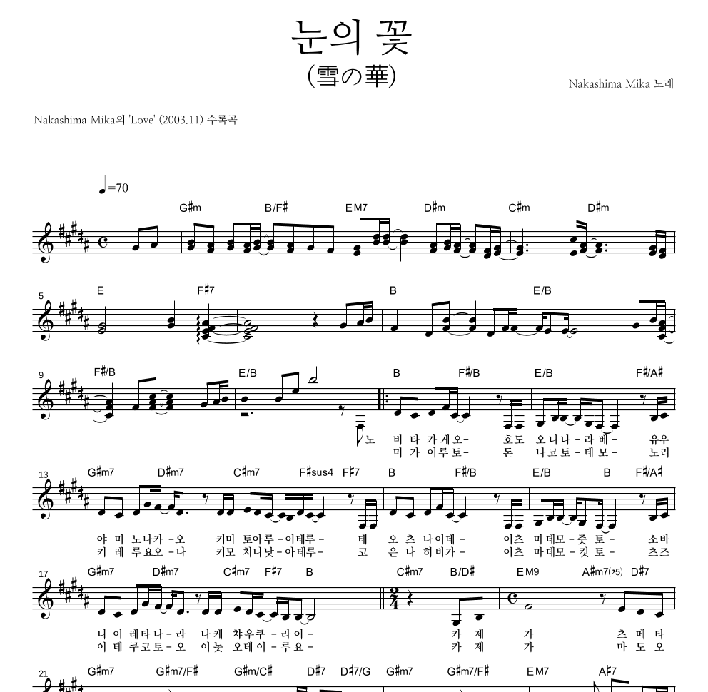 Nakashima Mika - 눈의 꽃 (雪の華) 멜로디 악보 
