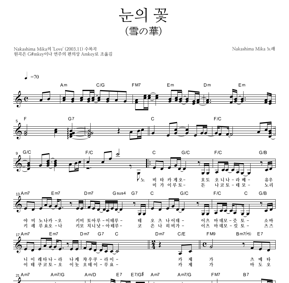 Nakashima Mika - 눈의 꽃 (雪の華) 멜로디 악보 