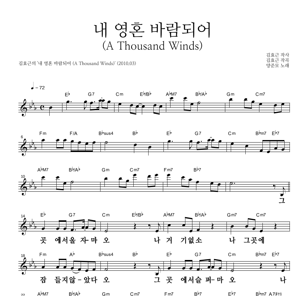 김효근,양준모 - 내 영혼 바람되어 (A Thousand Winds) 멜로디 큰가사 악보 