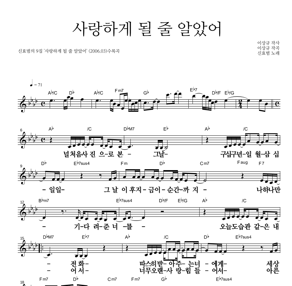 신효범 - 사랑하게 될 줄 알았어 멜로디 큰가사 악보 