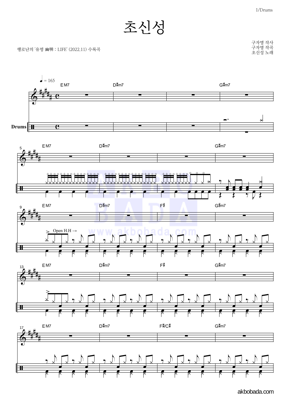 행로난 - 초신성 드럼 악보 