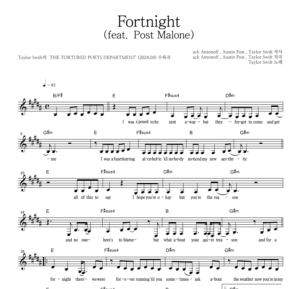 Taylor Swift - Fortnight (feat. Post Malone) 멜로디 악보 