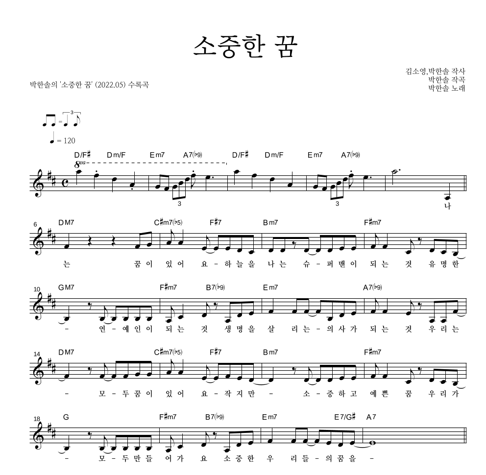 동요 - 소중한 꿈 멜로디 악보 