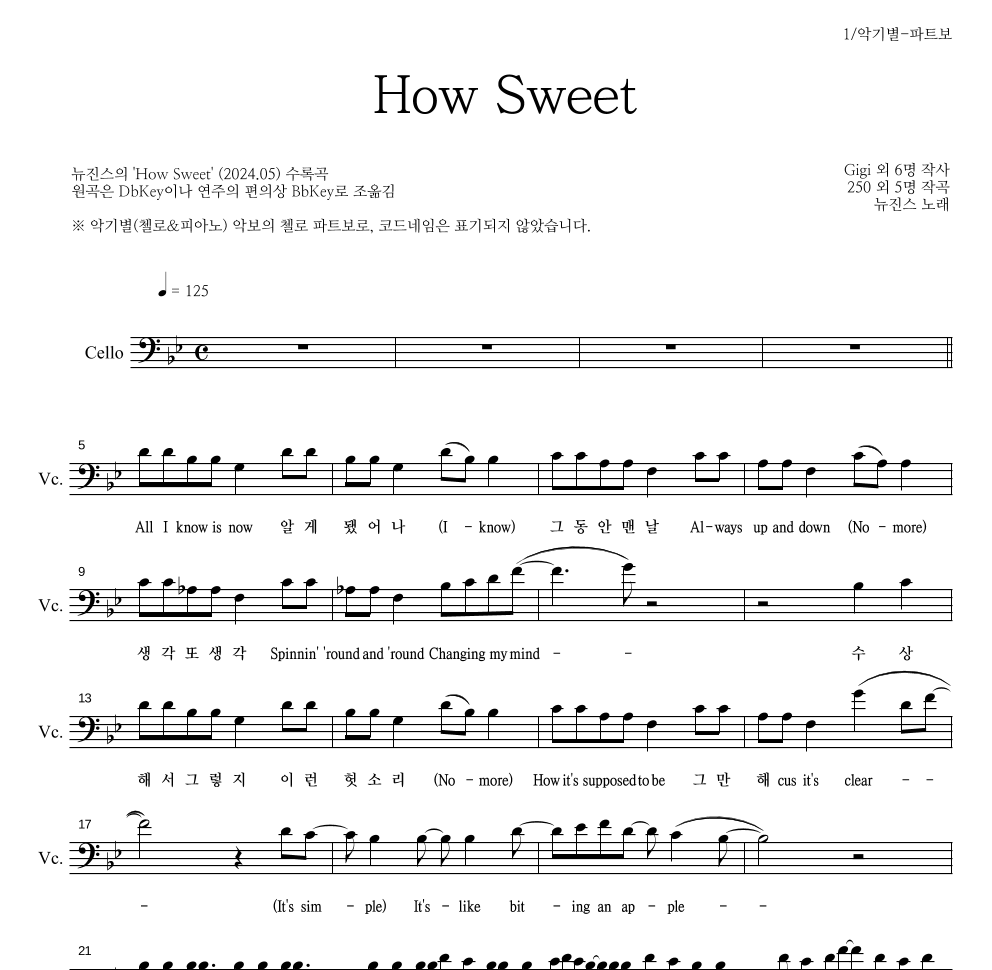 뉴진스 - How Sweet 첼로 파트보 악보 