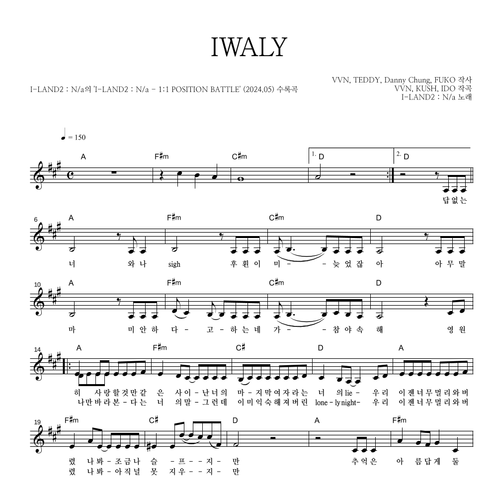 I-LAND2 : N/a - IWALY 멜로디 악보 