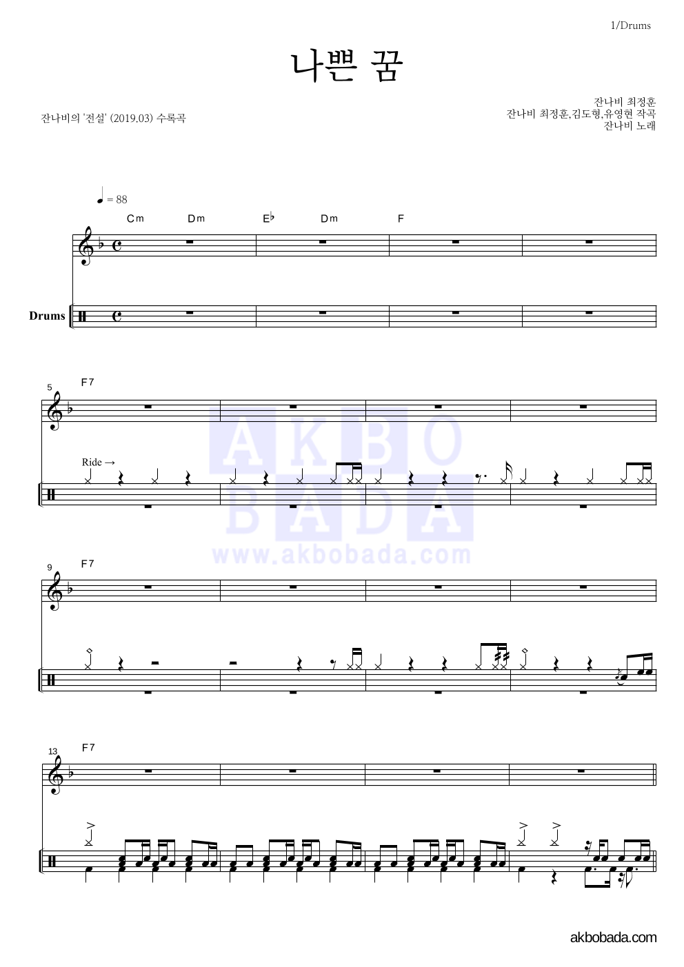 잔나비 - 나쁜 꿈 드럼 악보 