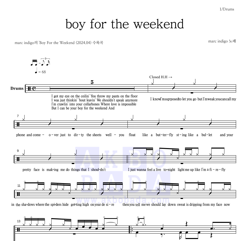 marc indigo - boy for the weekend 드럼(Tab) 악보 