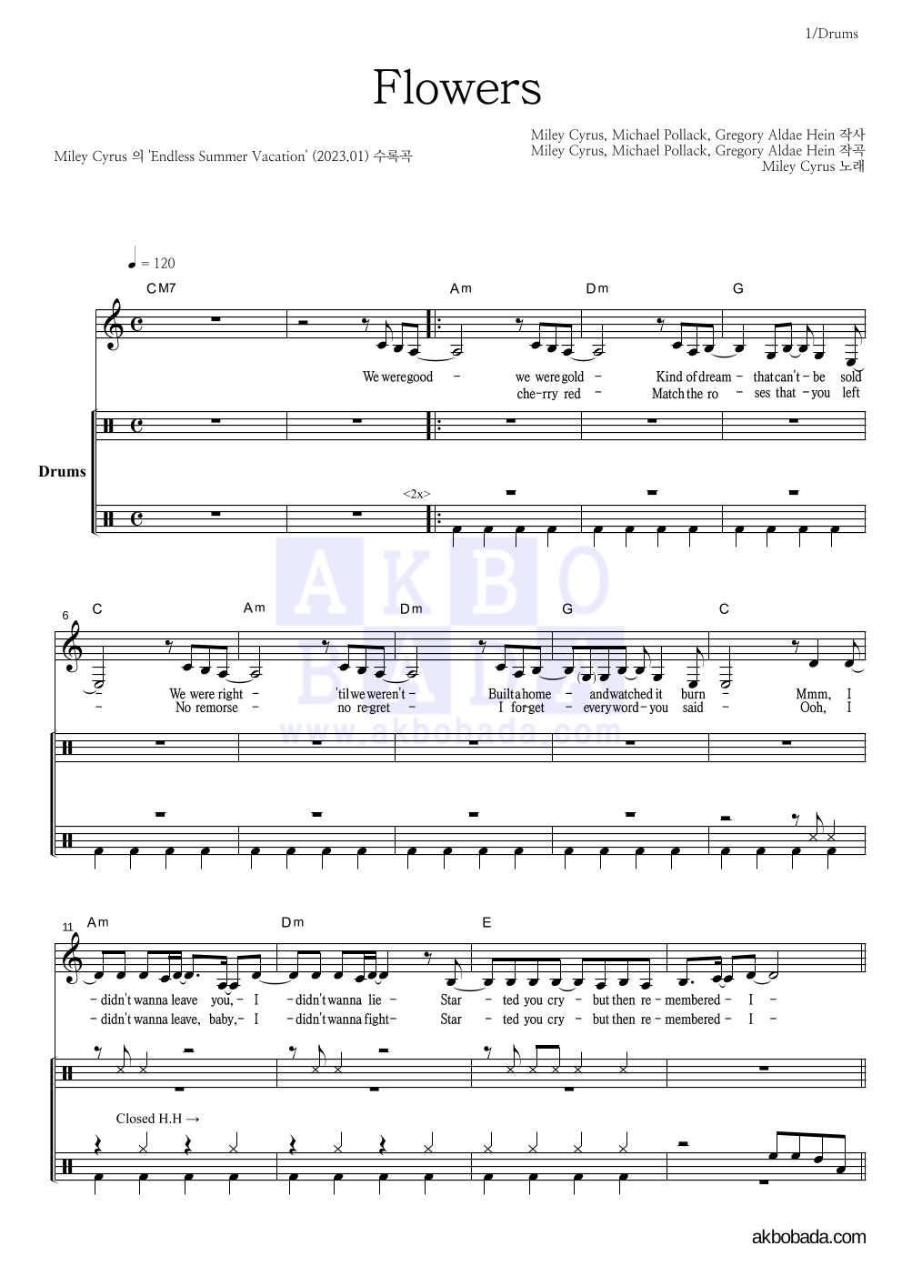 Miley Cyrus - Flowers 드럼 악보 