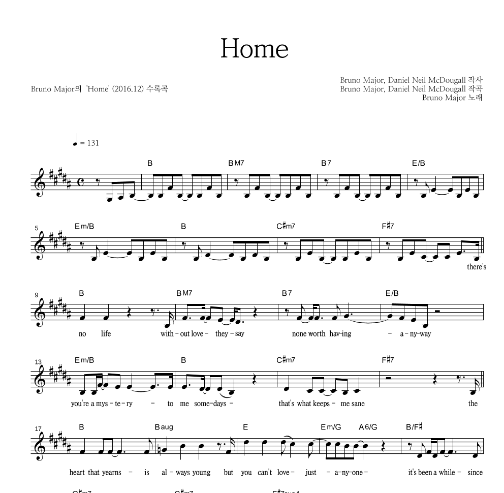 Bruno Major - Home 멜로디 악보 