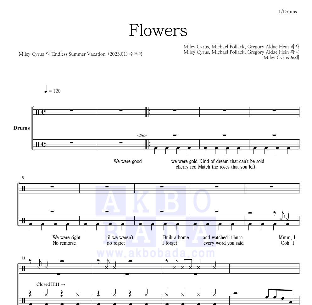 Miley Cyrus - Flowers 드럼(Tab) 악보 