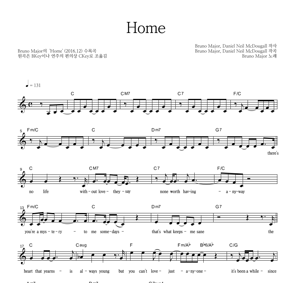 Bruno Major - Home 멜로디 악보 