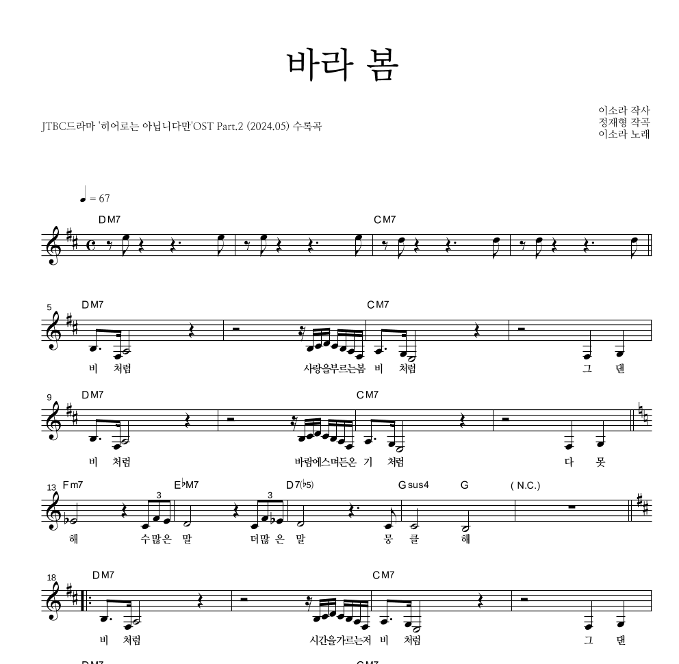 이소라 - 바라 봄 멜로디 악보 