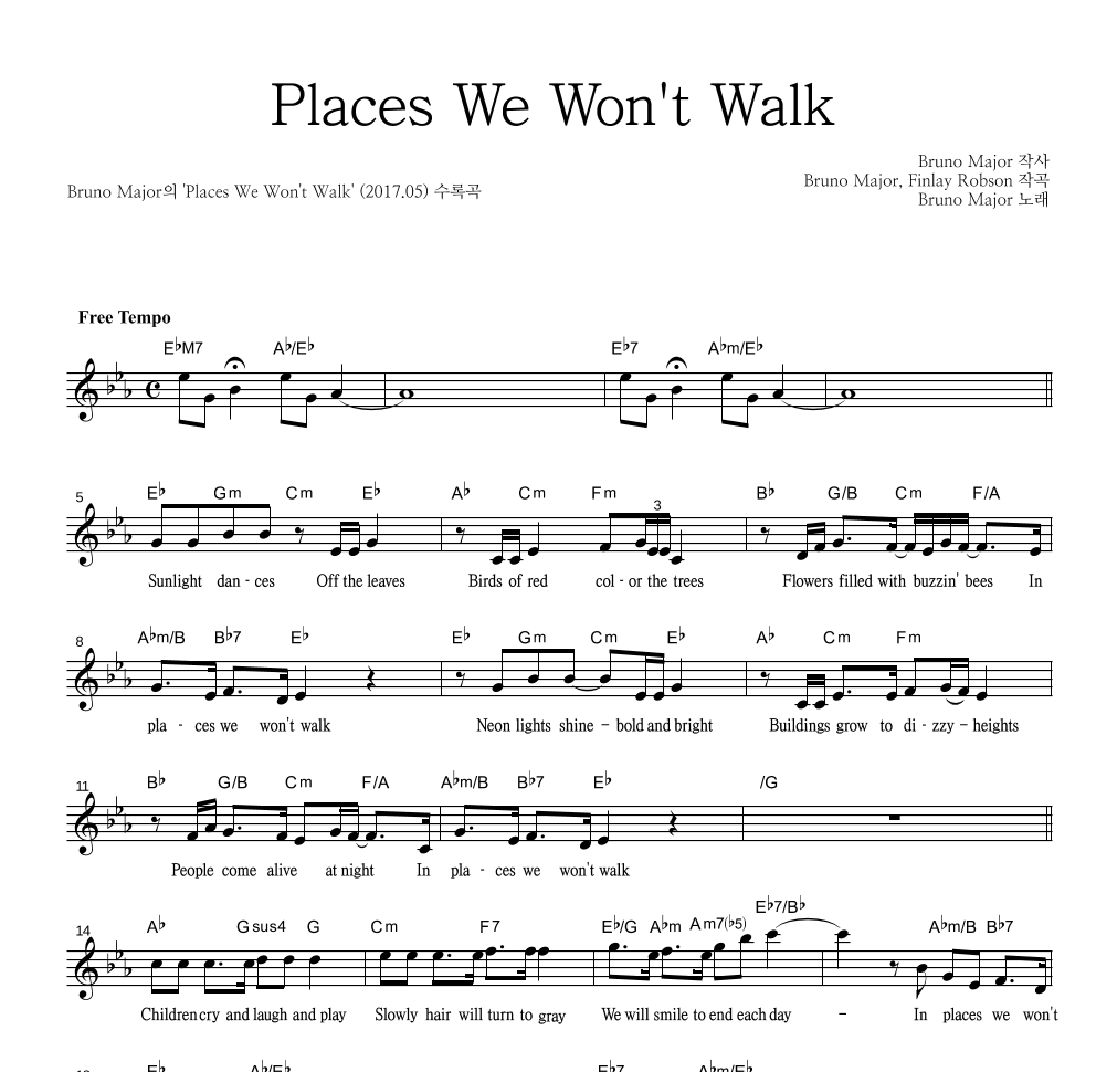 Bruno Major - Places We Won't Walk 멜로디 악보 