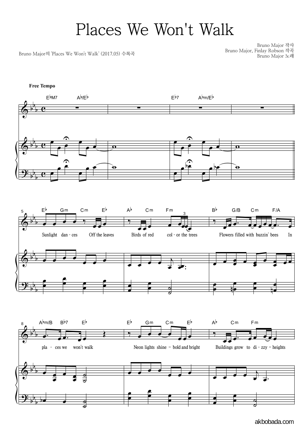 Bruno Major - Places We Won't Walk 피아노 3단 악보 