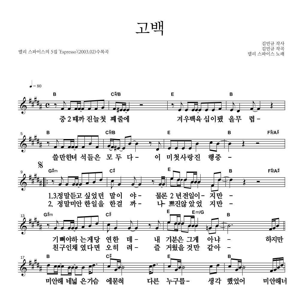델리 스파이스 - 고백 멜로디 큰가사 악보 