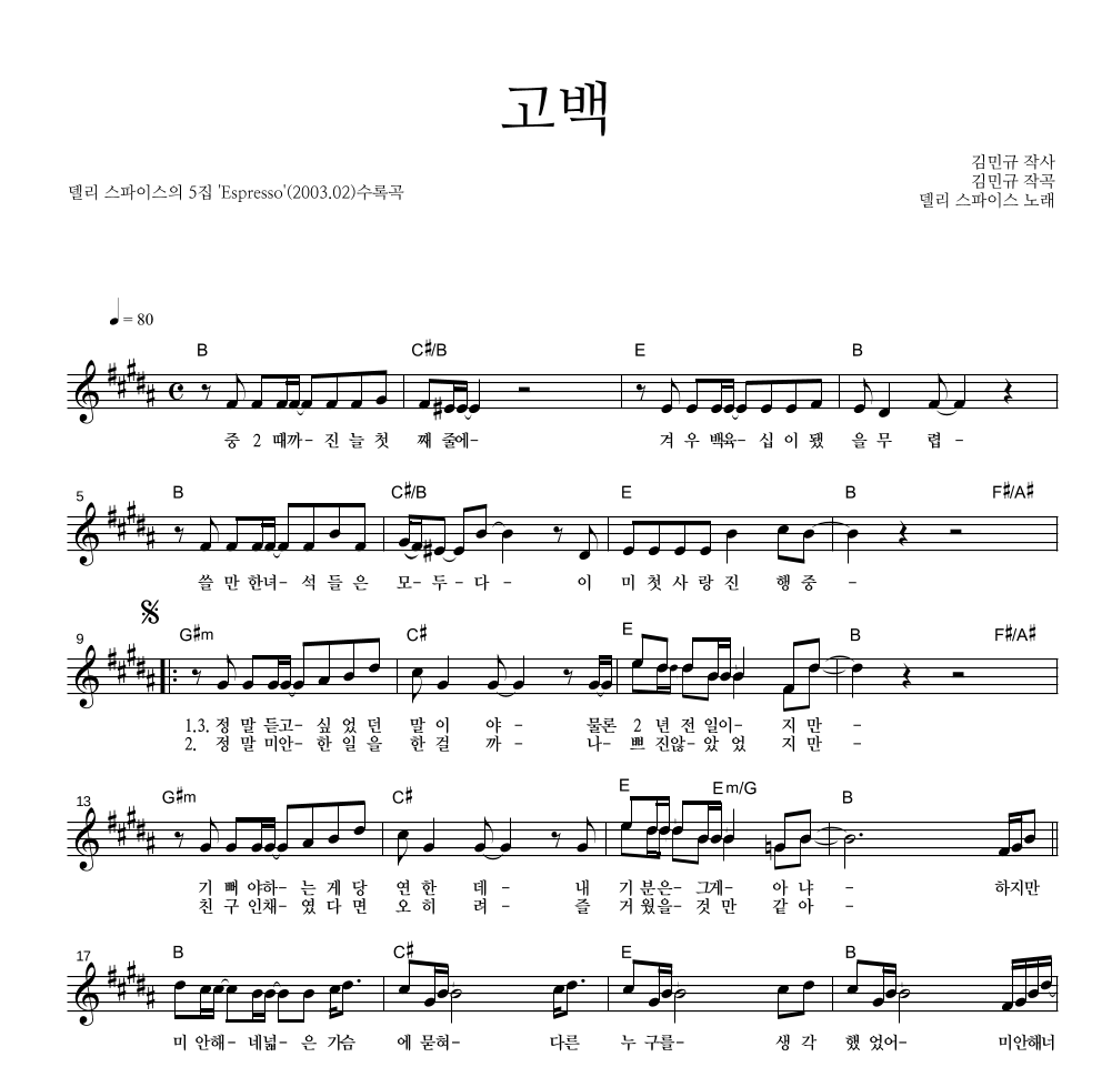 델리 스파이스 - 고백 멜로디 악보 