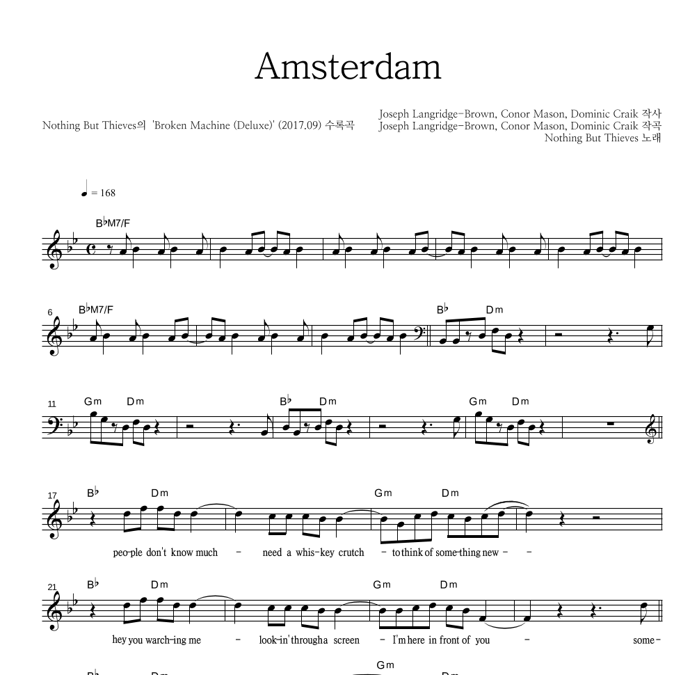 Nothing But Thieves - Amsterdam 멜로디 악보 