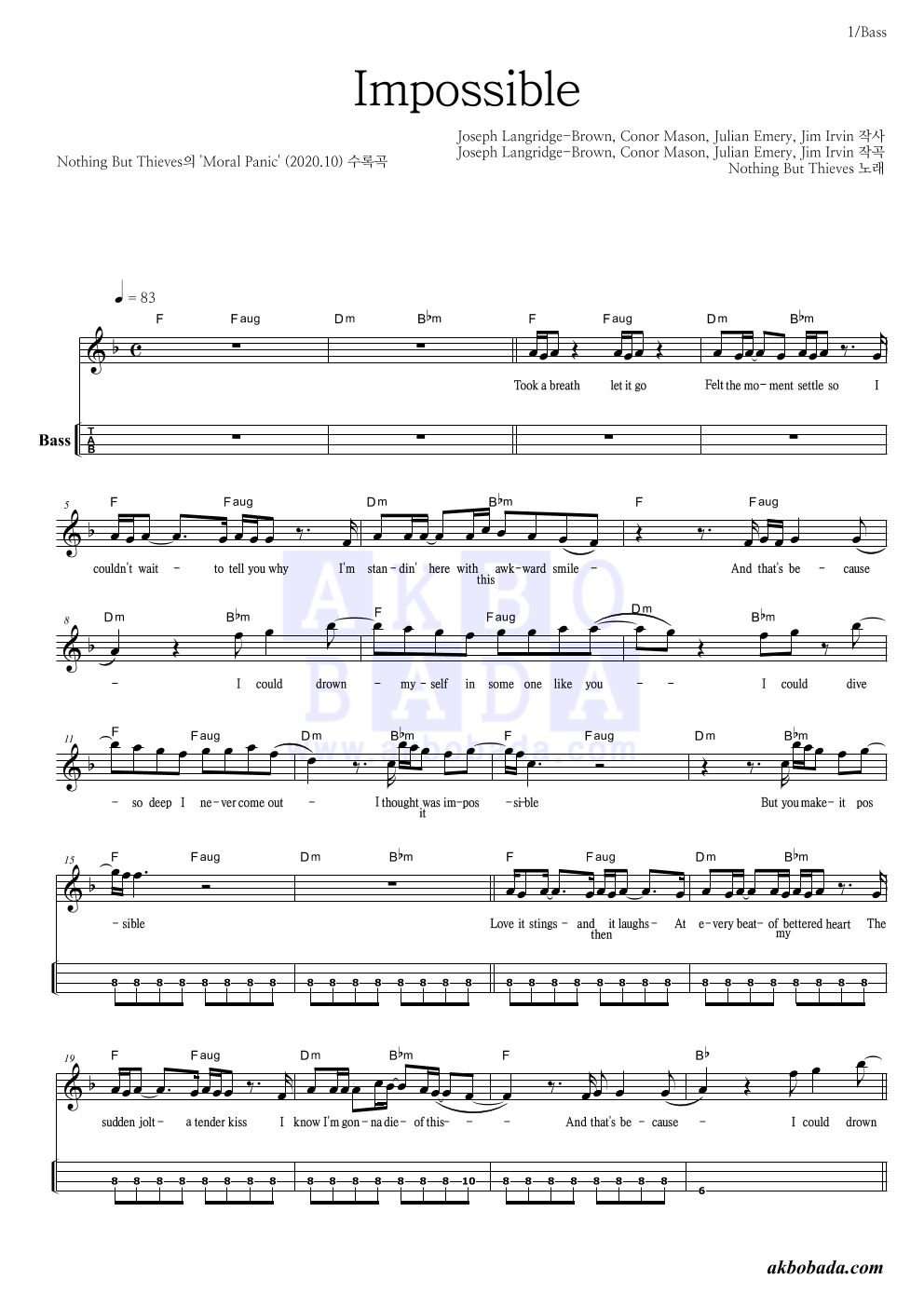 Nothing But Thieves - Impossible 베이스(Tab) 악보 