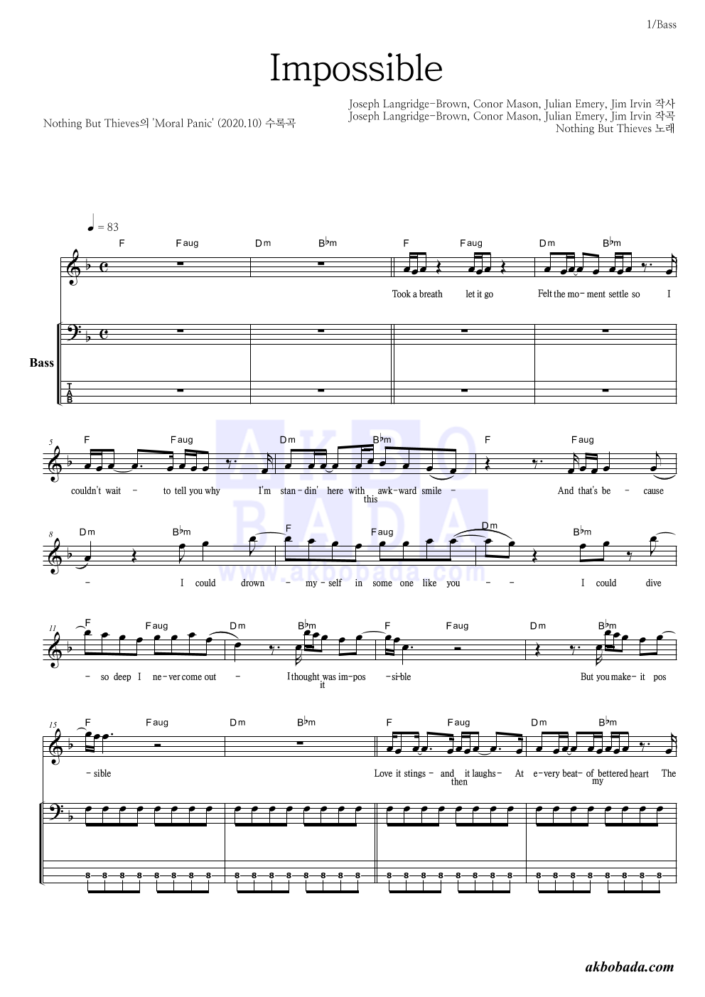 Nothing But Thieves - Impossible 베이스 악보 