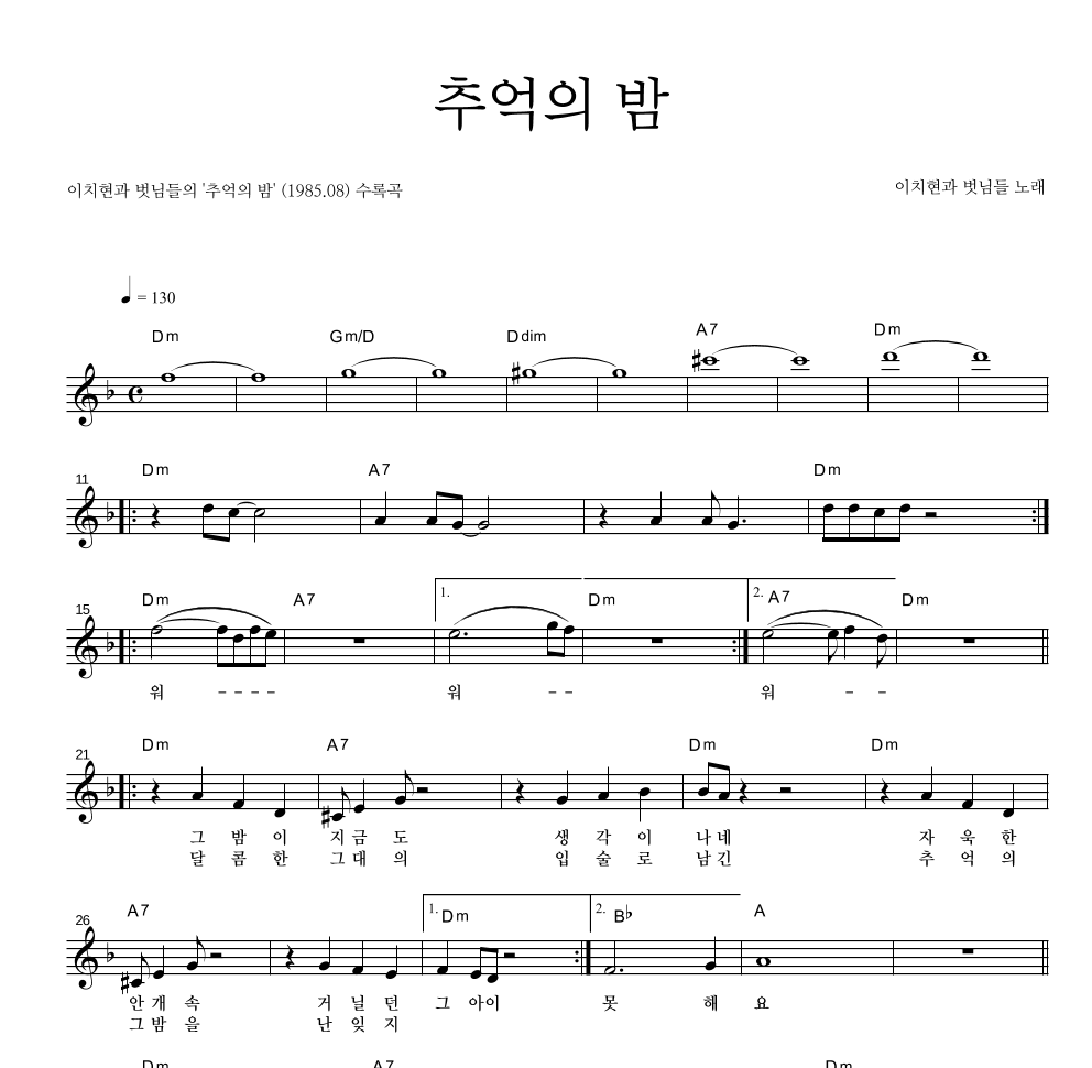 이치현과 벗님들 - 추억의 밤 멜로디 악보 