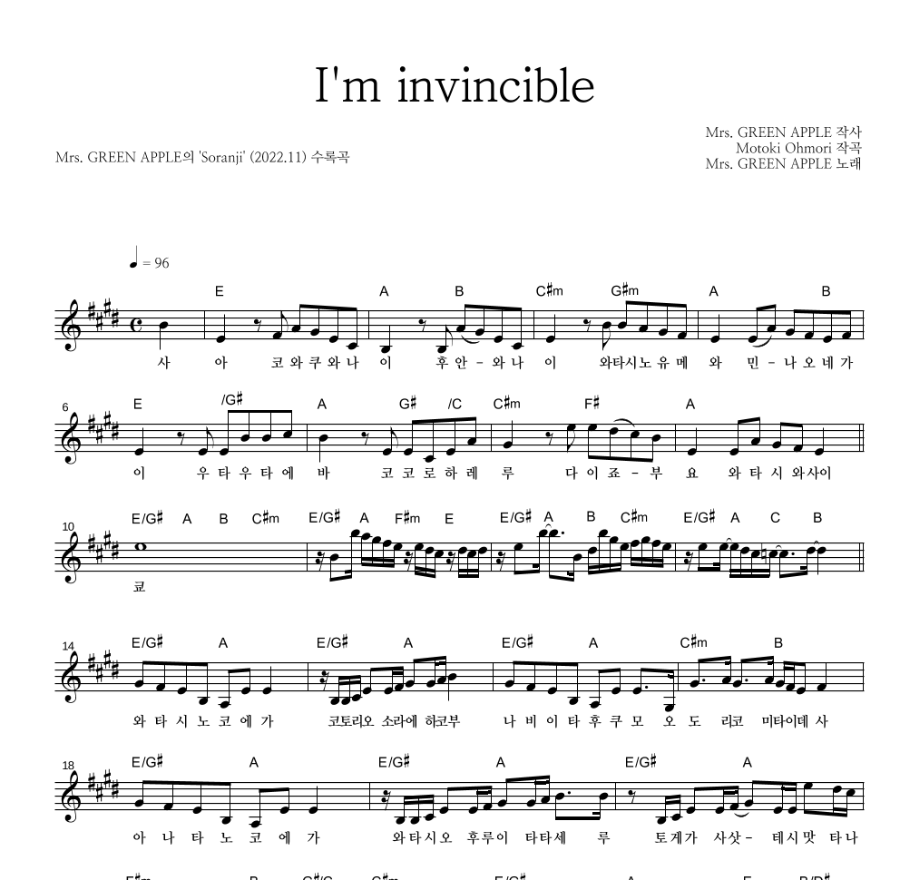 Mrs. Green Apple - I'm invincible (나는 최강) 멜로디 악보 