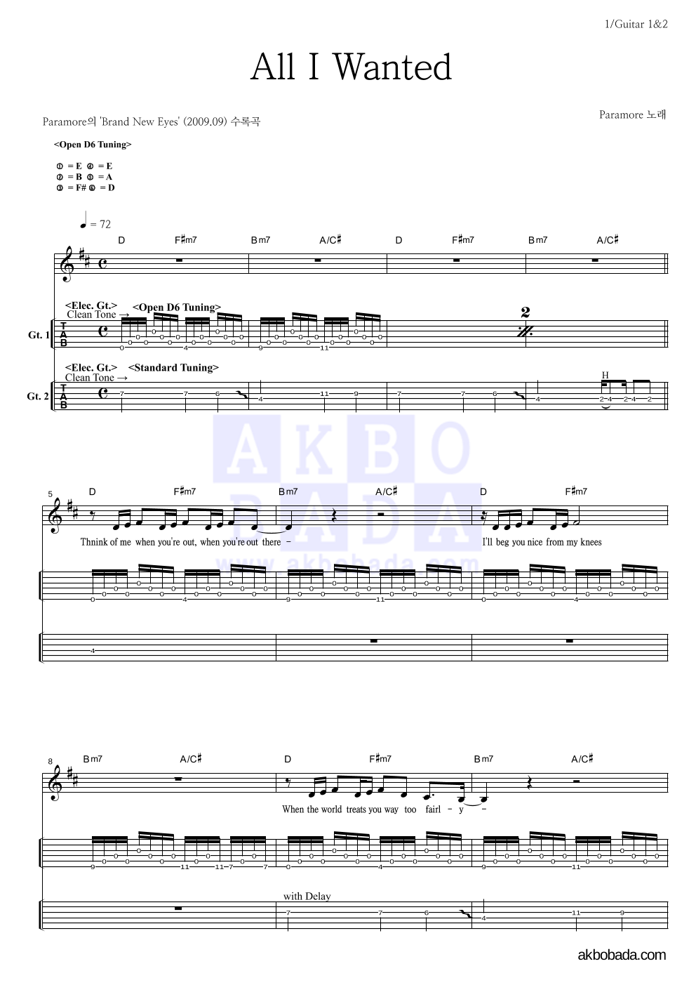 Paramore - All I Wanted 기타(Tab) 악보 