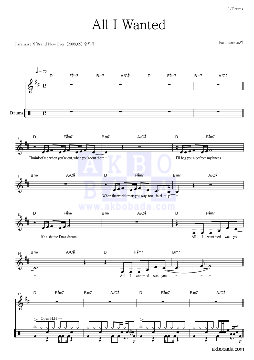 Paramore - All I Wanted 드럼 악보 
