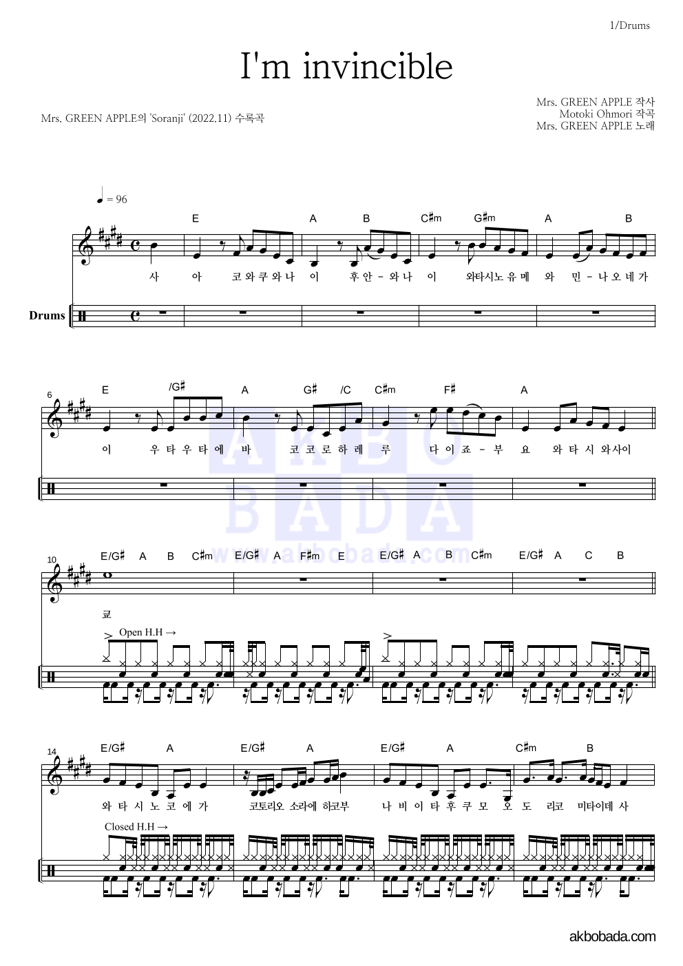 Mrs. Green Apple - I'm invincible (나는 최강) 드럼 악보 