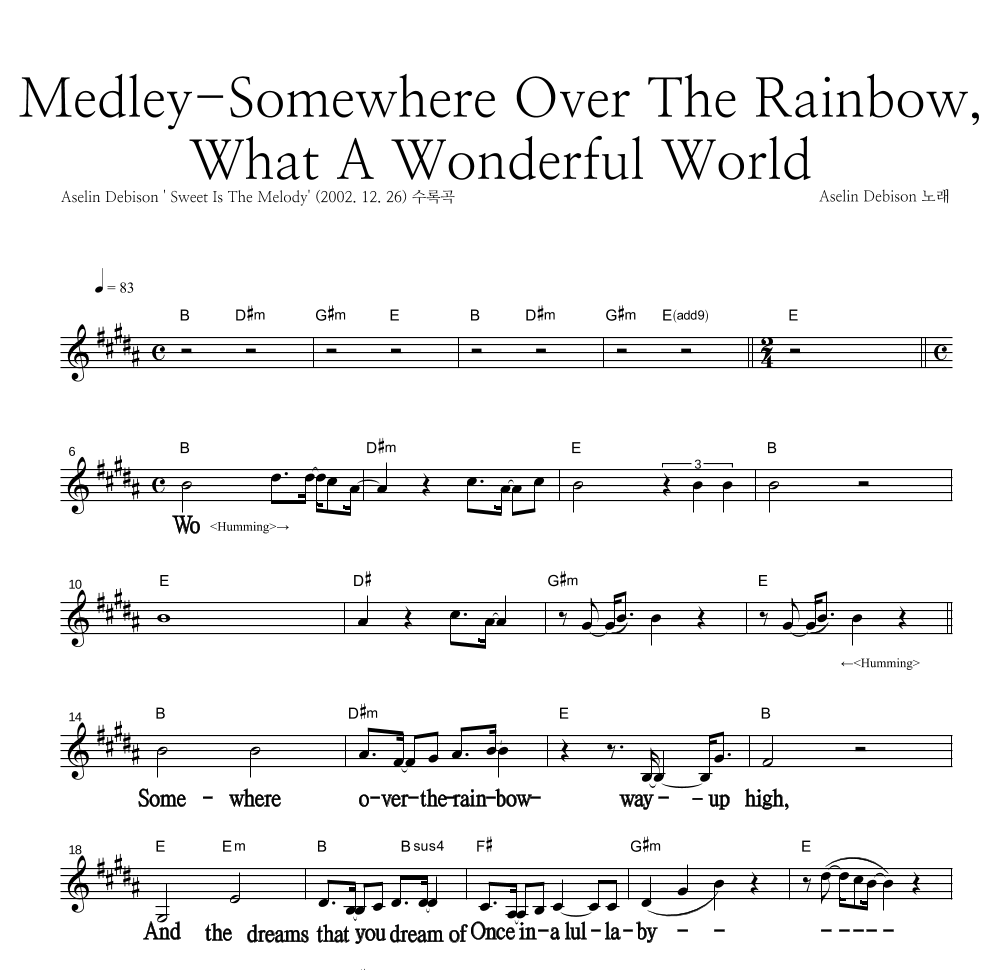 Aselin Debison - Somewhere Over The Rainbow,What A Wonderful World 멜로디 큰가사 악보 