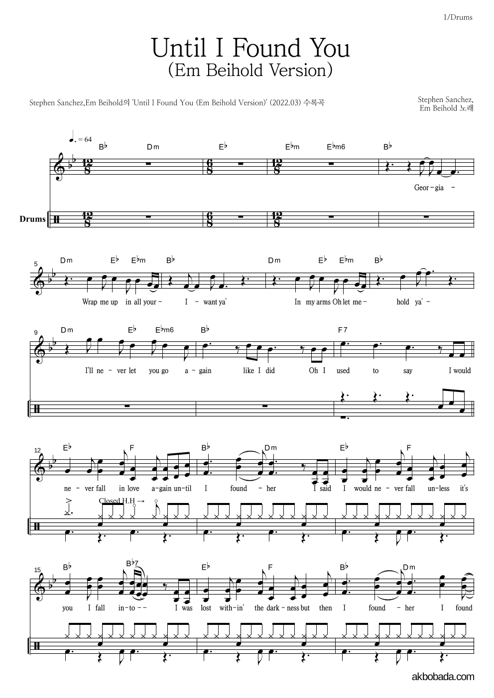 Stephen Sanchez,Em Beihold - Until I Found You (Em Beihold Version) 드럼 악보 