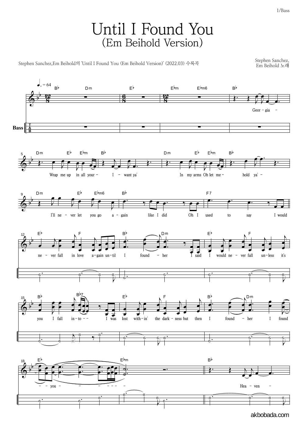Stephen Sanchez,Em Beihold - Until I Found You (Em Beihold Version) 베이스(Tab) 악보 