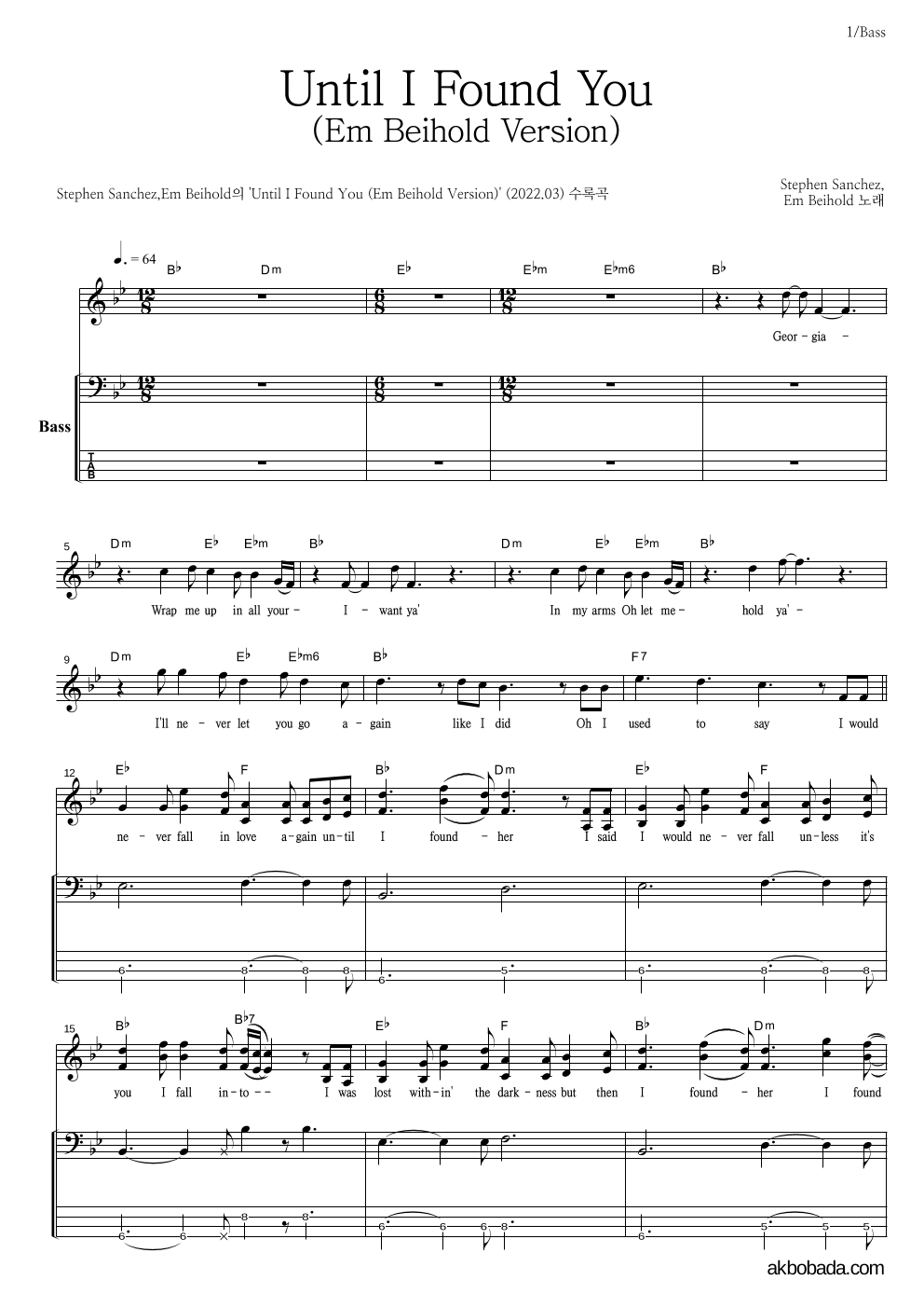Stephen Sanchez,Em Beihold - Until I Found You (Em Beihold Version) 베이스 악보 