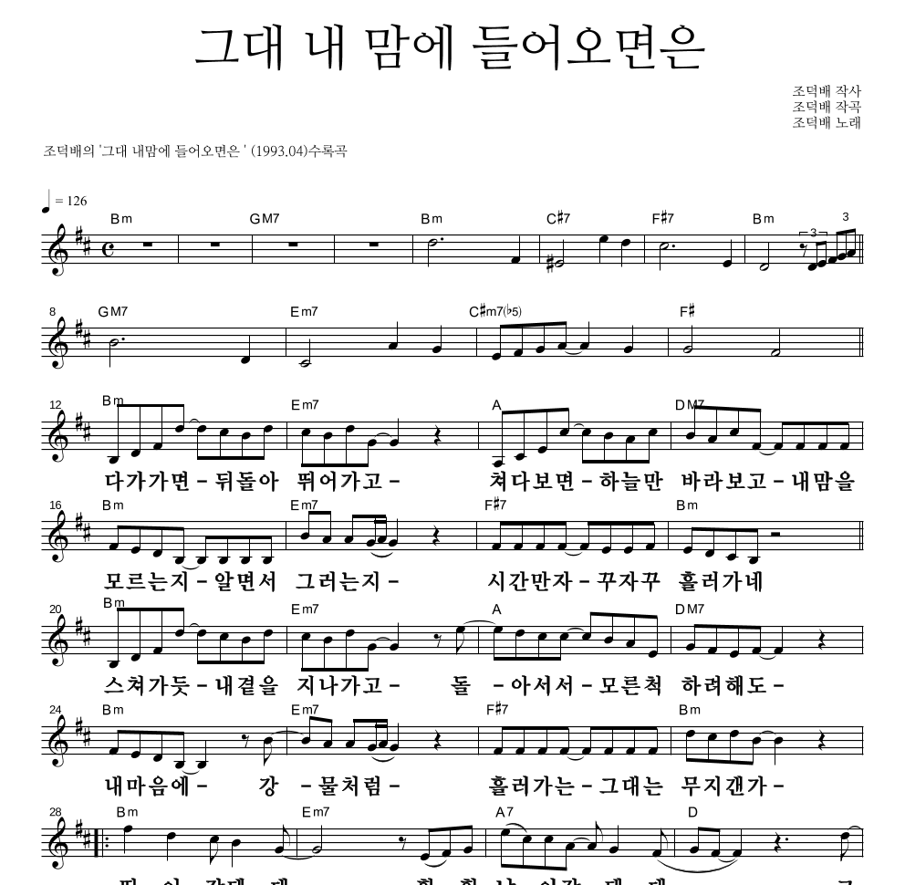 조덕배 - 그대 내 맘에 들어오면은 멜로디 큰가사 악보 