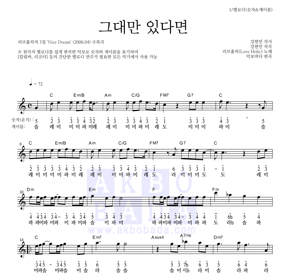 러브홀릭 - 그대만 있다면 멜로디-숫자&계이름 악보 