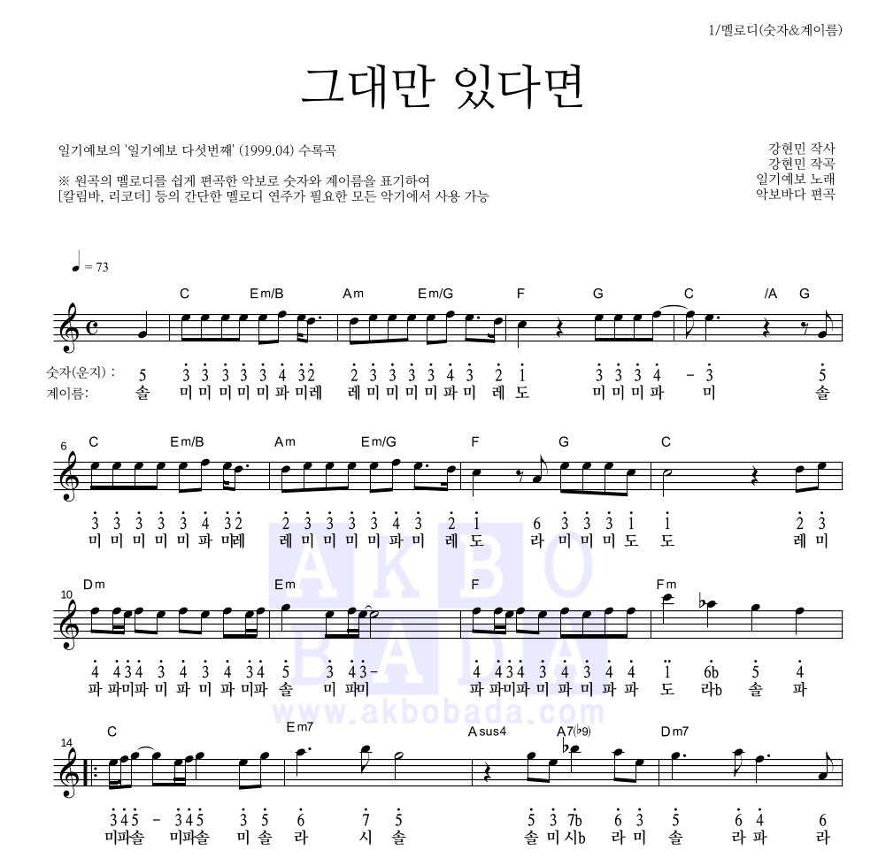 일기예보 - 그대만 있다면 멜로디-숫자&계이름 악보 