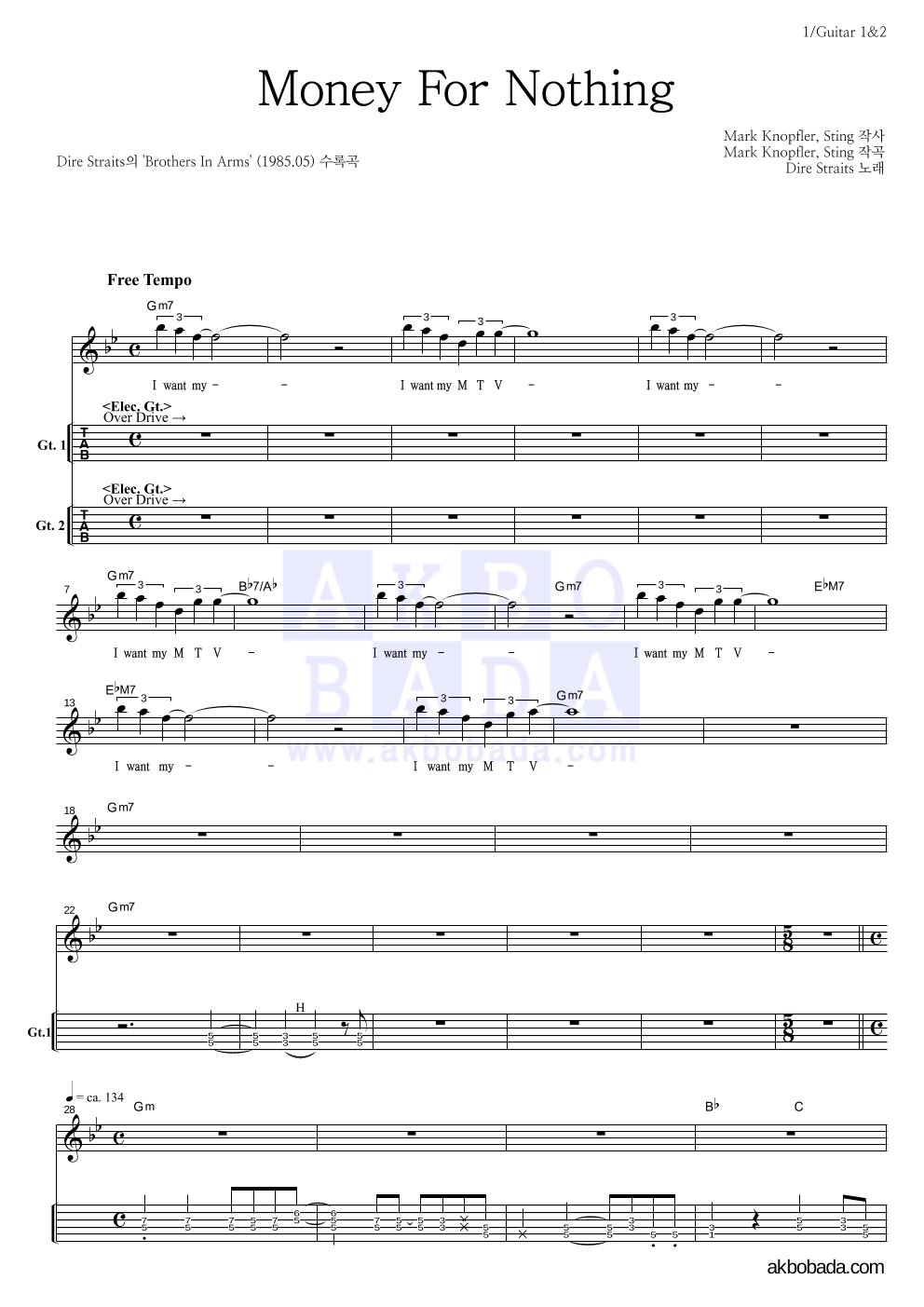 Dire Straits - Money For Nothing 기타(Tab) 악보 