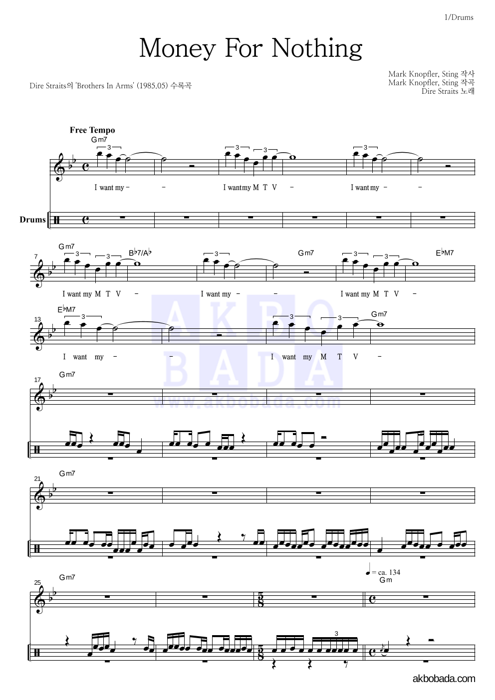 Dire Straits - Money For Nothing 드럼 악보 