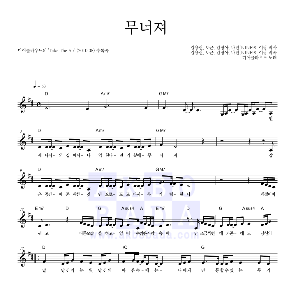 디어 클라우드 - 무너져 멜로디 악보 