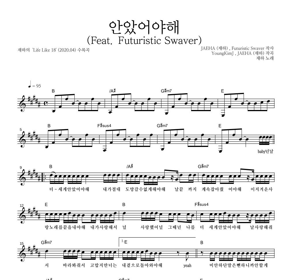 재하 - 안았어야해 (Feat. Futuristic Swaver) 멜로디 악보 