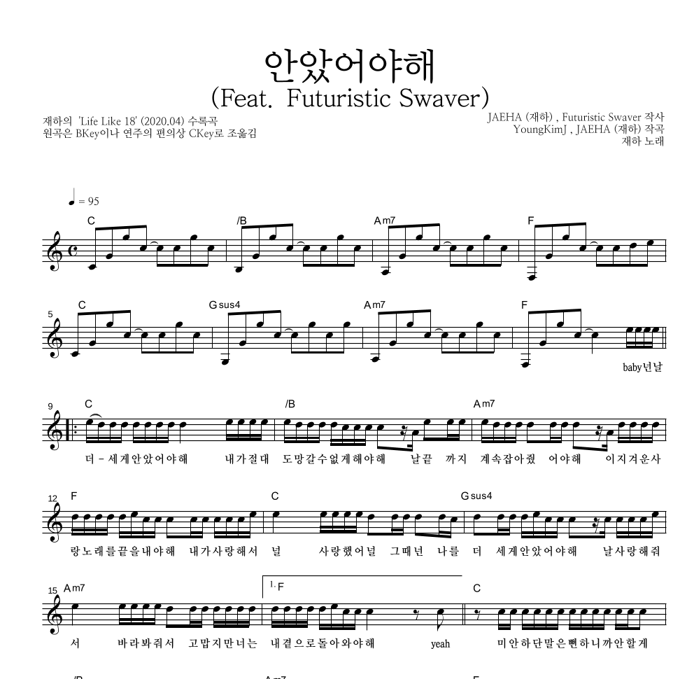 재하 - 안았어야해 (Feat. Futuristic Swaver) 멜로디 악보 