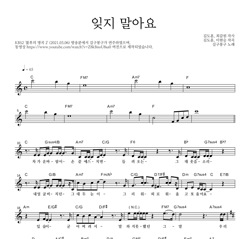 길구봉구 - 잊지 말아요 멜로디 악보 