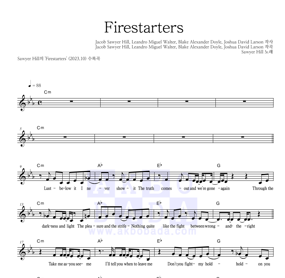 Sawyer Hill - Firestarters 멜로디 악보 